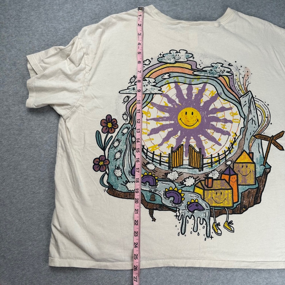 Smiley H&M Oversized Graphic T-Shirt Size XL Cream Psychedelic Sun Rainbow Boho - Picture 7 of 12